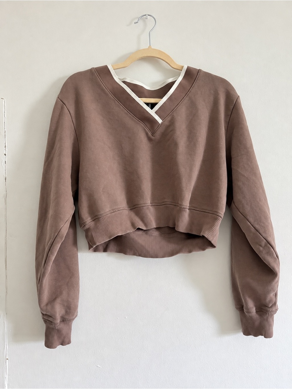 PINK Victoria's Secret Cropped V-Neck Pullover - Taupe with White Trim
